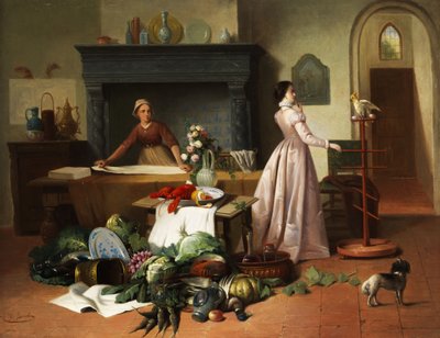 Elegant Lady with Cockatoo in an Interior with Still Life Arrangement by F. Jacobs